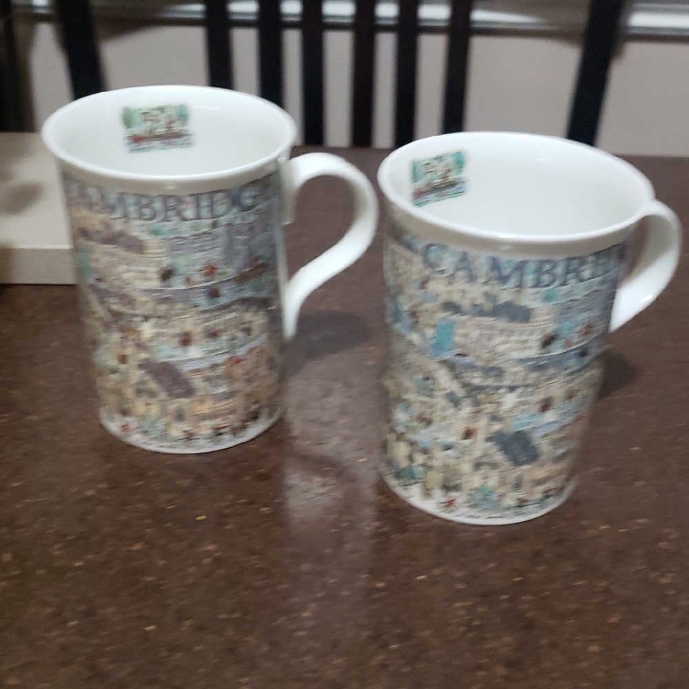 Cambridge mugs, made from ceramic or fine bone china, featuring a detailed print